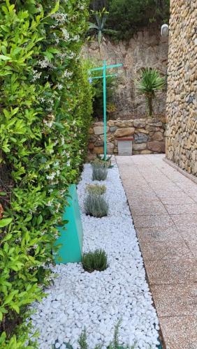 a garden with a green bench and a hedge at Villa Michela in Costa Rei