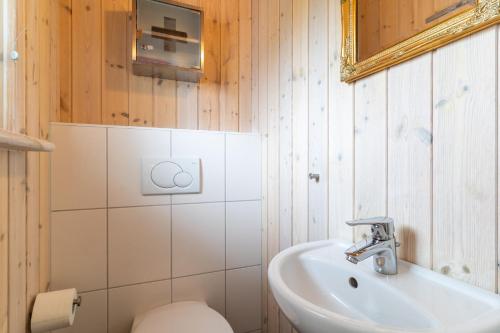 a bathroom with a sink and a toilet and a mirror at Nordseenest am Deich in Wesselburenerkoog