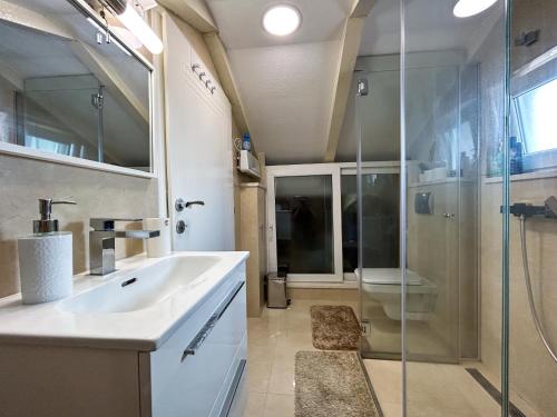 une salle de bain avec un lavabo et une douche dans l'établissement Palma Apartments, à Kotor