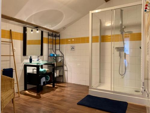 a bathroom with a shower with a desk and a table at Les Gites de la Richardiere in Saint-Révérend
