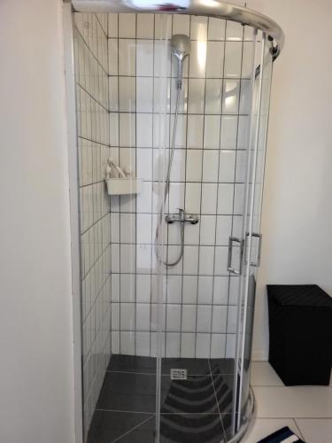 a shower with a glass door in a bathroom at JOREDA apartamentai in Biržai