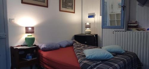 a living room with a couch with pillows on it at 2 chambres et salle de bain un oasis de bien être Piscine et jardin in Toulouse