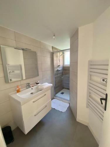 une salle de bain blanche avec un lavabo et une douche dans l'établissement REZ DE JARDIN AU COEUR DES PYRENEES, à Agos-Vidalos