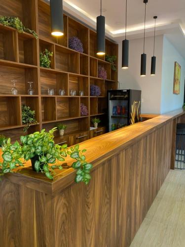 a bar in a kitchen with wooden cabinets and plants at The Cabin Hotel in Accra
