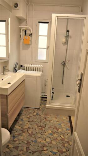 une salle de bain avec une douche, un lavabo et des toilettes dans l'établissement Appartement familial 3 chambres centre proche Lot, à Cahors