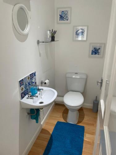 a bathroom with a white toilet and a sink at Fern Cottage in Thorpe le Soken