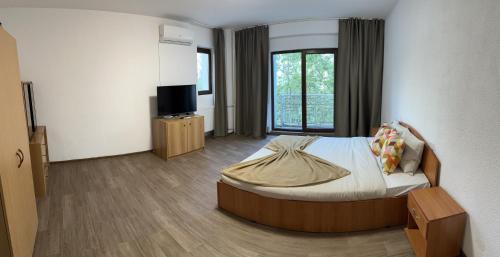 a hotel room with a bed and a television at Central studio in Bucharest
