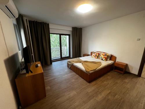 a bedroom with a bed and a television in it at Central studio in Bucharest