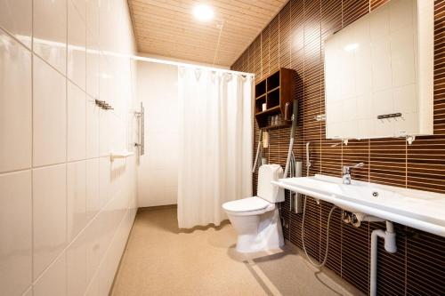 uma casa de banho com um WC, um lavatório e um chuveiro em Hotel Kruunupuisto em Punkaharju