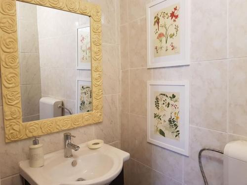 a bathroom with a sink and a mirror at A Cancela House Arouca Paiva Walkways in Lázaro