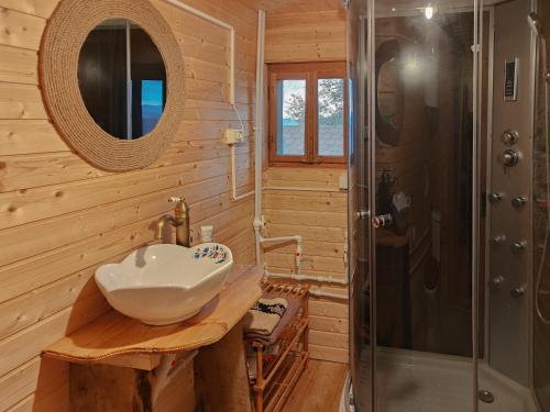 a bathroom with a sink and a shower at Almost Heaven - cabană cu vedere în Apuseni in Cîmpeni