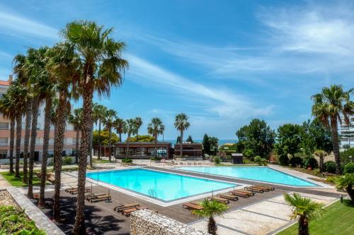 a swimming pool with palm trees and a building at Belo Horizonte Apart in Parede