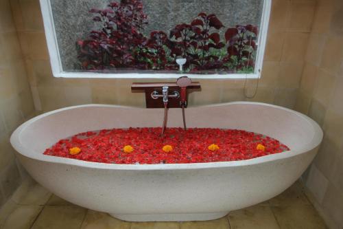 a bath tub filled with red flowers in front of a window at Tanta Escape in Tegalalang