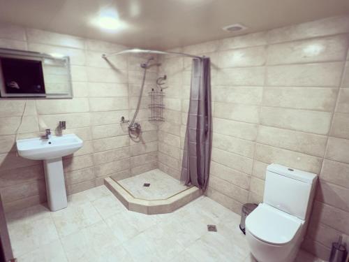 uma casa de banho com um chuveiro, um WC e um lavatório. em Gardenia em Tskaltubo