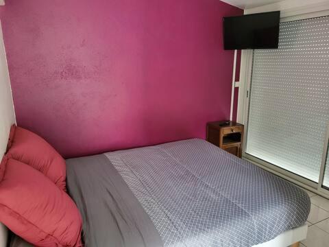 a bedroom with a pink wall and a bed at chambre avec vue in Duilhac