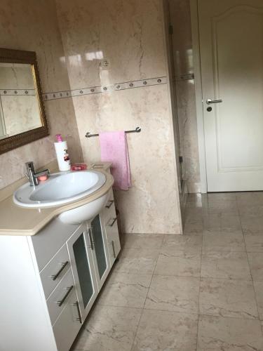 La salle de bains blanche est pourvue d'un lavabo et d'une douche. dans l'établissement Camelias, à Guimarães