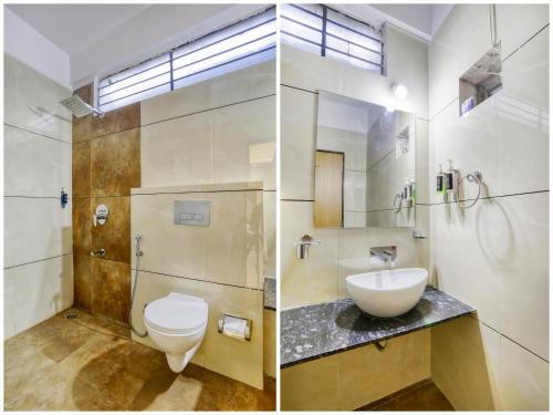 2 immagini di un bagno con servizi igienici e lavandino di SoonStay Konark a Indore