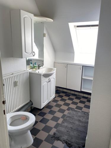 a bathroom with a toilet and a sink at Udsigt Østersøen in Rønne