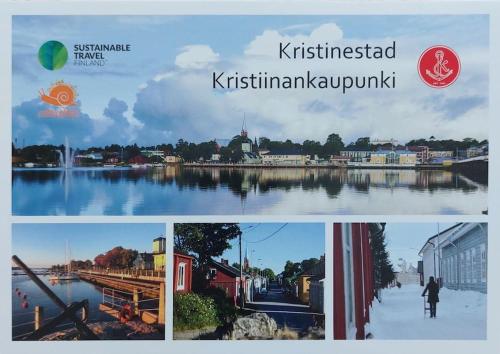 een collage van foto's van een stad en een rivier bij Lönngården in Kristiinankaupunki