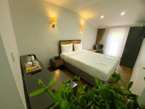 a hotel room with a bed and a table with a plant at iNALENS AİRPORT KONAKLAMA in Arnavutköy