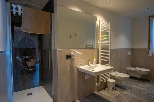 ein Badezimmer mit einem Waschbecken, einem WC und einem Spiegel in der Unterkunft Dolomites Chalet Wolf in Molveno