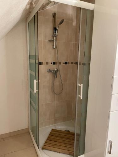 une douche avec une porte vitrée dans une salle de bain dans l'établissement Appartement de charme en Drôme Provencale, à Montboucher-sur-Jabron