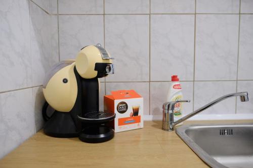 une cafetière posée sur un comptoir à côté d'un évier dans l'établissement Joy City Stay Versului 8, à Timişoara