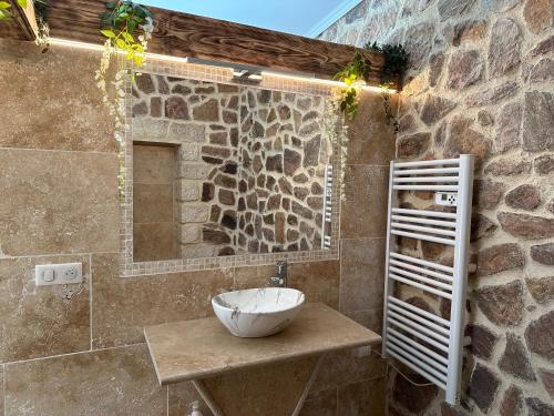 坎城的住宿－Villa Jasmine - Cannes，一间带水槽和石墙的浴室