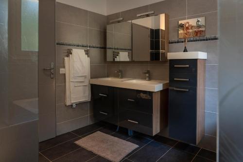 une salle de bain avec un lavabo, un miroir et une douche dans l'établissement villa du Passeron, à Chambonas