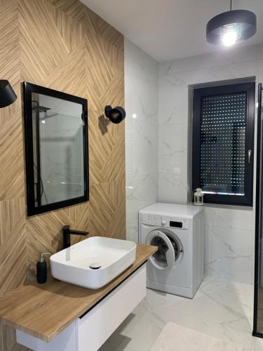 a bathroom with a sink and a washing machine at Domek Veron in Wysowa-Zdrój