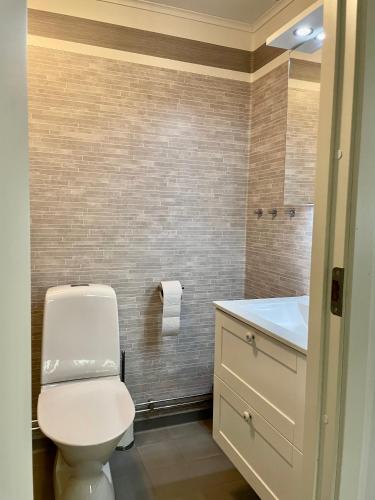 a bathroom with a white toilet and a sink at Holiday Home Småland Paradiset in Ryd