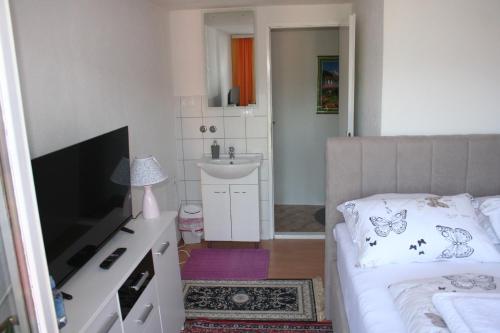 sypialnia z łóżkiem i telewizorem oraz łazienka w obiekcie Michaela w mieście Gračac