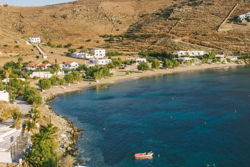 an aerial view of a beach with a boat in the water at Ο Μήλας in Agios Dimitrios