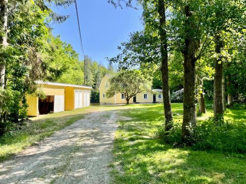 a dirt road in front of a building with trees at Holiday Home Småland Paradiset in Ryd
