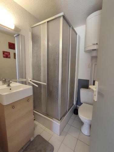 une salle de bain avec une douche, des toilettes et un lavabo dans l'établissement SOPRALYNES Agréable T2 Cabine Mezzanine avec grande terrasse Richelieu Cap d'Agde, au Cap d'Agde