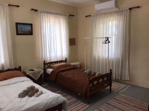 een slaapkamer met 2 bedden en een raam bij GuestHouse Vrontos, close to Monemvasia 