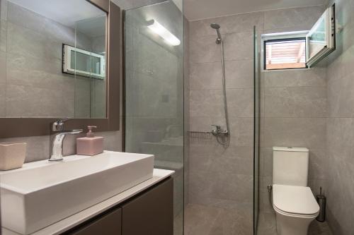 a bathroom with a sink and a glass shower at Antartisa B&B in Límni
