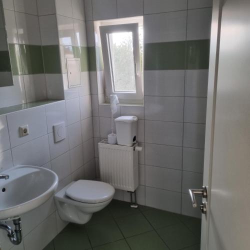 a bathroom with a toilet and a sink at Appartmenthaus Zum Goldstern Monteurswohnung in Staßfurt