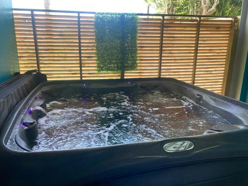 bañera de hidromasaje con agua en una habitación con ventana en Maison avec spa et jardin, en Schœlcher