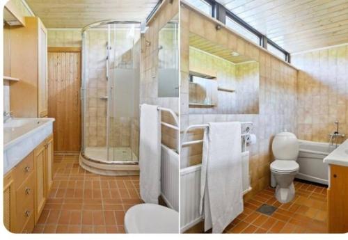 a bathroom with a shower and a toilet and a sink at A wonderful house in the lake. in Stockholm