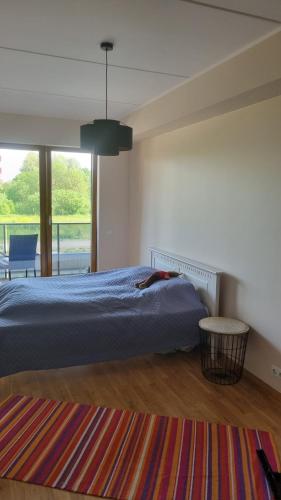 1 dormitorio con cama y ventana grande en Апартамент у моря en Tallin