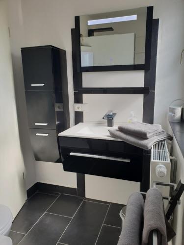 MünstermaifeldにあるModerne Ferienwohnung Black Beauty auf idyllischem Reiterhof nähe Burg Eltzの洗面台と鏡のあるバスルーム
