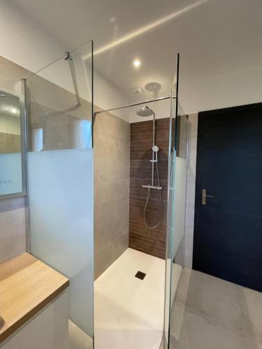 une douche avec une porte vitrée dans une salle de bain dans l'établissement Maison familiale à Ahetze à 10 min des plages, à Ahetze