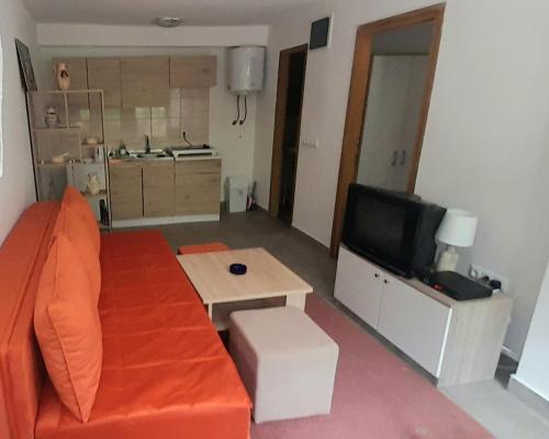 sala de estar con sofá naranja y TV en Apartman NeSa Boracko jezero, en Konjic