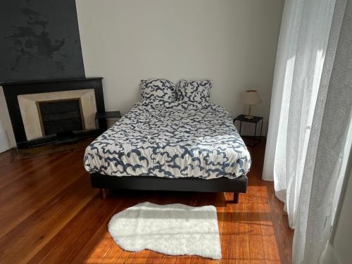 ヴォワロンにあるBel appartement Voiron centreのベッドと暖炉のある寝室