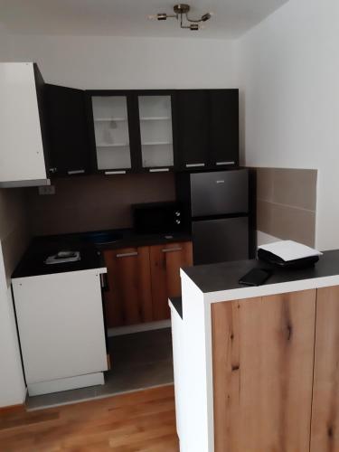 a kitchen with black and white cabinets and a refrigerator at Apartmani Djuric Center in Subotica