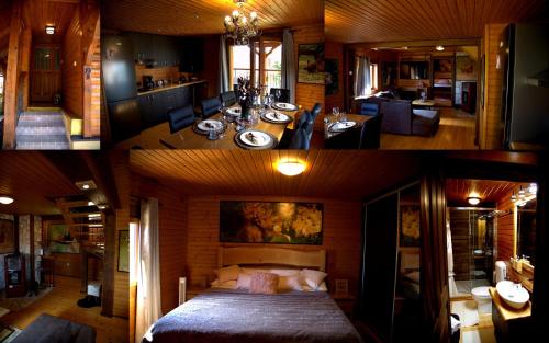 ヴルボヴスコにあるBrezova Poljana Lodgeのベッドルーム1室(ベッド1台付)とリビングルームの写真2枚