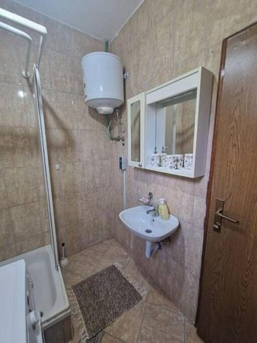 a bathroom with a sink and a shower and a mirror at Apartman Sofija in Banja Luka