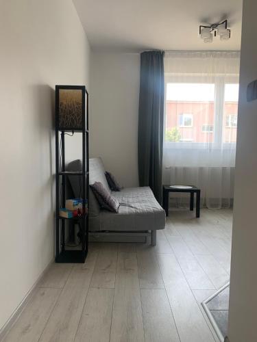 a living room with a couch and a window at Nad rzeką in Piła