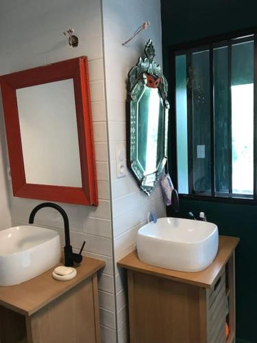 a bathroom with a sink and a mirror on the wall at VILLA LES TERRASSES dans la nature avec piscine à 2 pas de Lyon, in Oullins